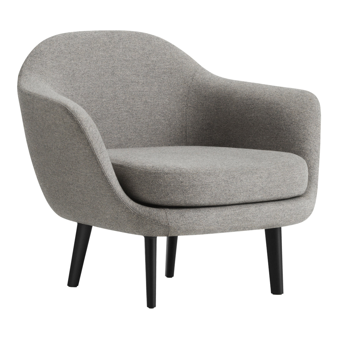 Soft gray upholstered chair with a minimalist design and smooth, rounded contours, supported by sleek black legs.