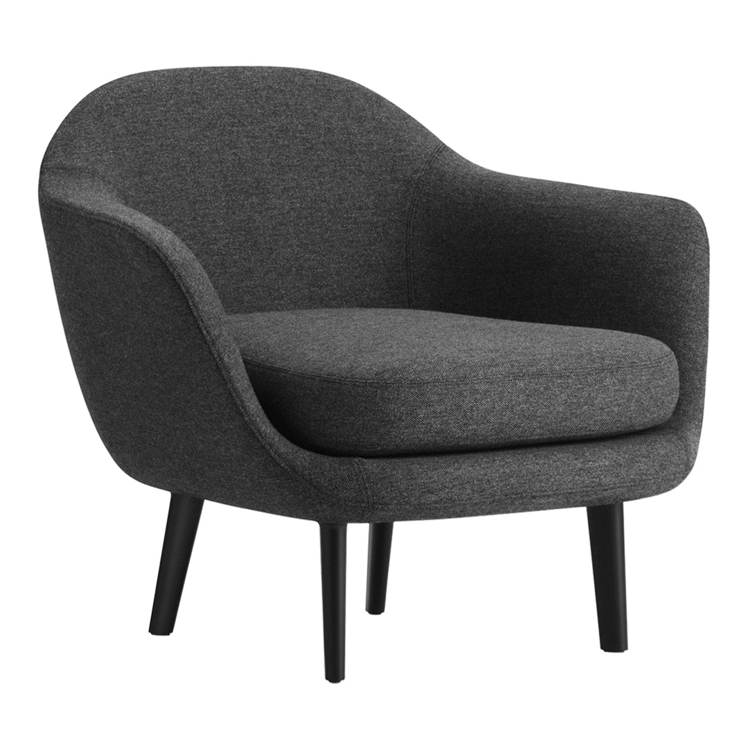Gray upholstered armchair with a smooth, modern design and black wooden legs. Ideal for contemporary decor.