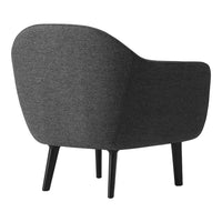 Gray upholstered chair with curved back and black wooden legs, featuring a smooth, subtle texture.