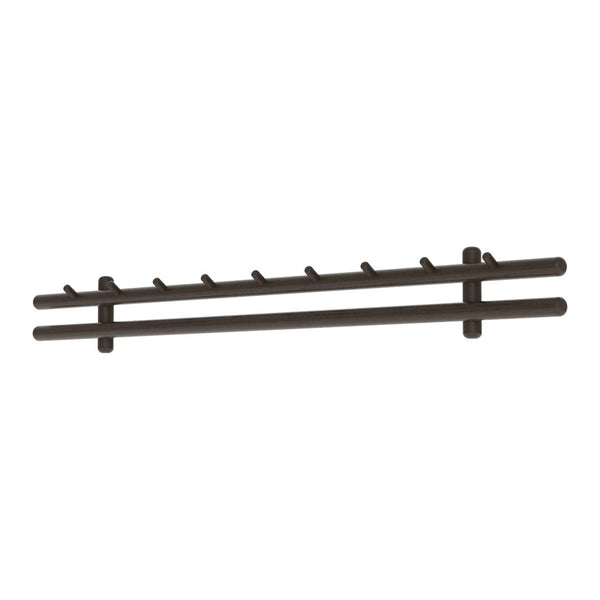Dark brown, minimalist wall peg rack with horizontal and vertical bars, featuring an elegant, smooth finish.