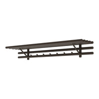 "Dark brown wall-mounted shelf with slatted design and seven hooks for versatile storage."