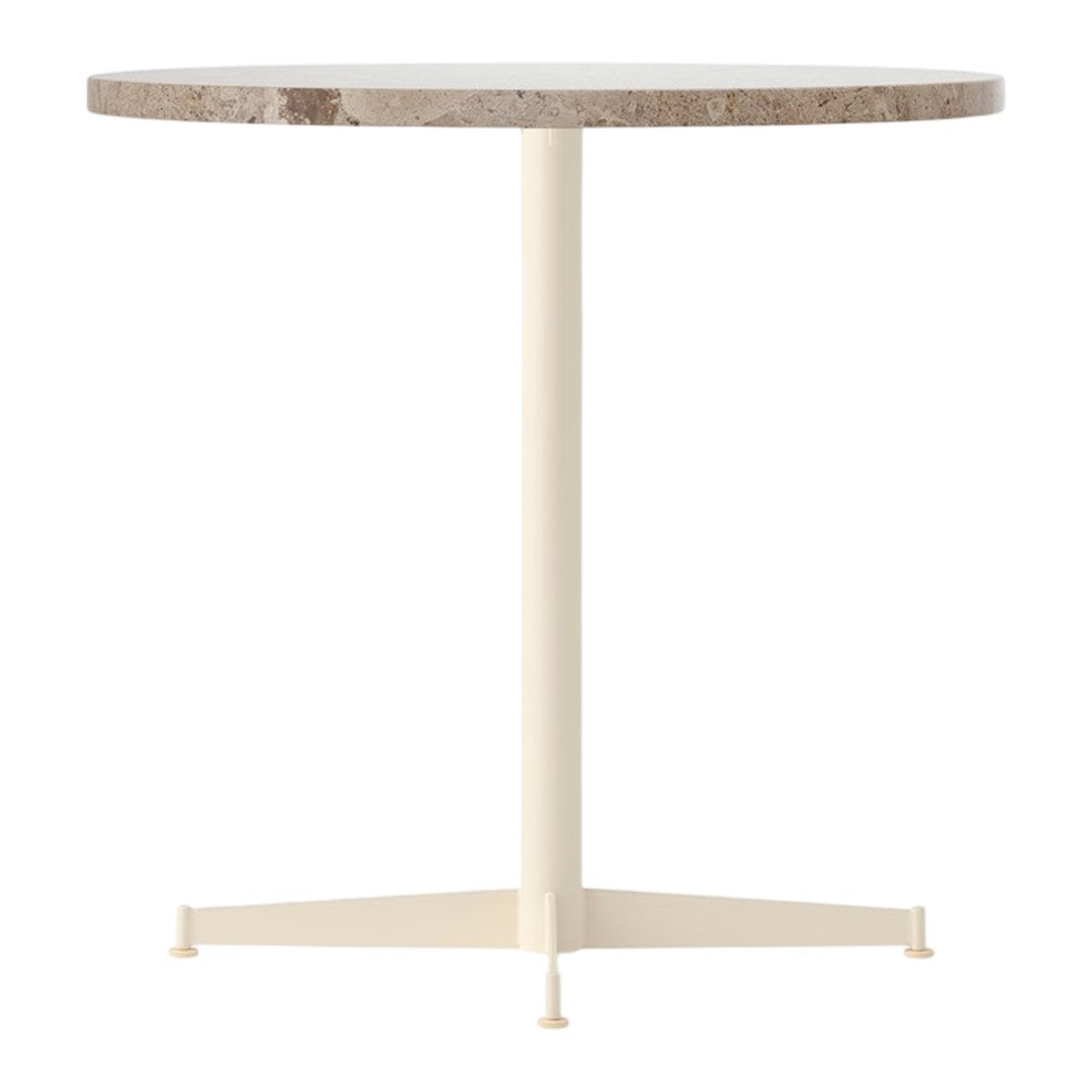 Round tabletop with a natural stone pattern, cream-colored metal base, elegant and modern design.