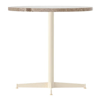 Round tabletop with a natural stone pattern, cream-colored metal base, elegant and modern design.