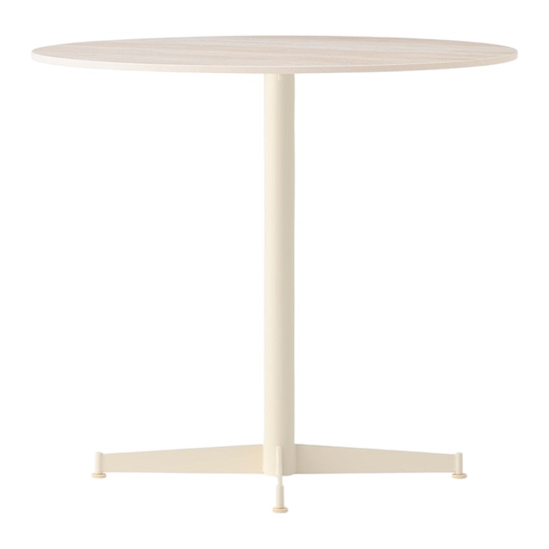 Round table with a smooth light wood top and a creamy white base, featuring a minimalist design and subtle patterns.