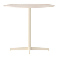Round table with a smooth light wood top and a creamy white base, featuring a minimalist design and subtle patterns.
