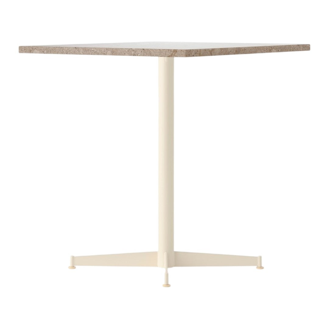 Square table with a textured light gray top and a sleek cream-colored metal base. Minimalist design for modern spaces.