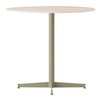 Round wooden table with a light beige top and a muted olive green metal base, featuring a sleek, modern design.