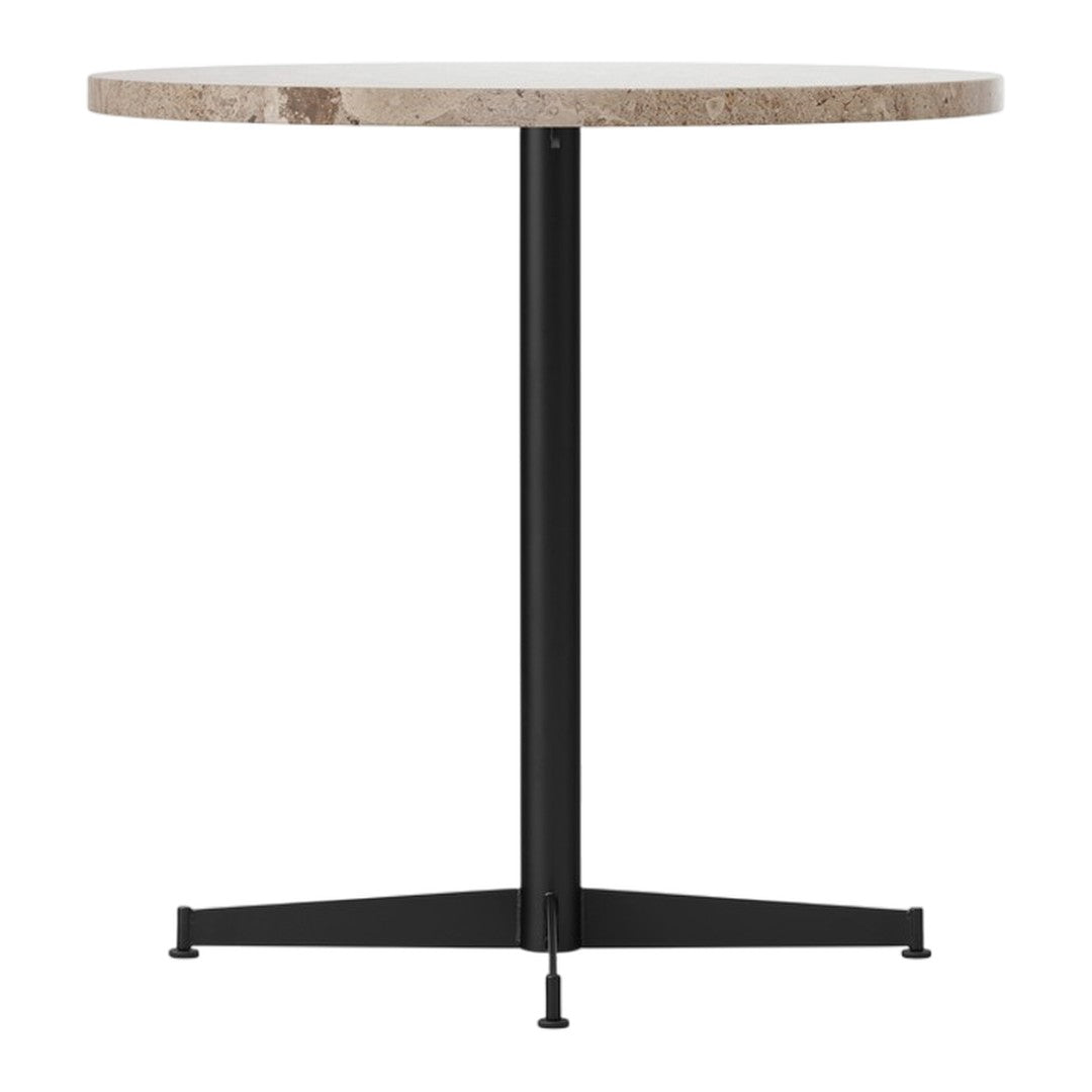 Round marble tabletop in neutral tones with a sleek black metal base. Modern, minimalistic design perfect for any space.