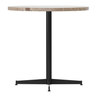 Round marble tabletop in neutral tones with a sleek black metal base. Modern, minimalistic design perfect for any space.