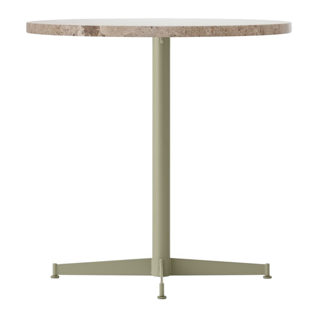 Round marble top table with a neutral beige color and a matte olive green metal base. Perfect for modern decor.