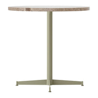 Round marble top table with a neutral beige color and a matte olive green metal base. Perfect for modern decor.