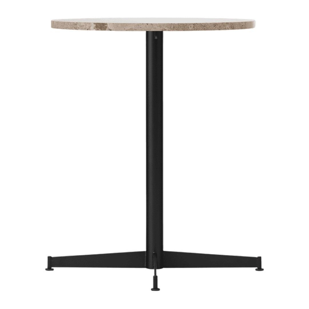 Round table with a light stone top and a sleek black metal base. Simple, modern design ideal for any space.