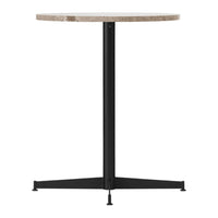 Round table with a light stone top and a sleek black metal base. Simple, modern design ideal for any space.