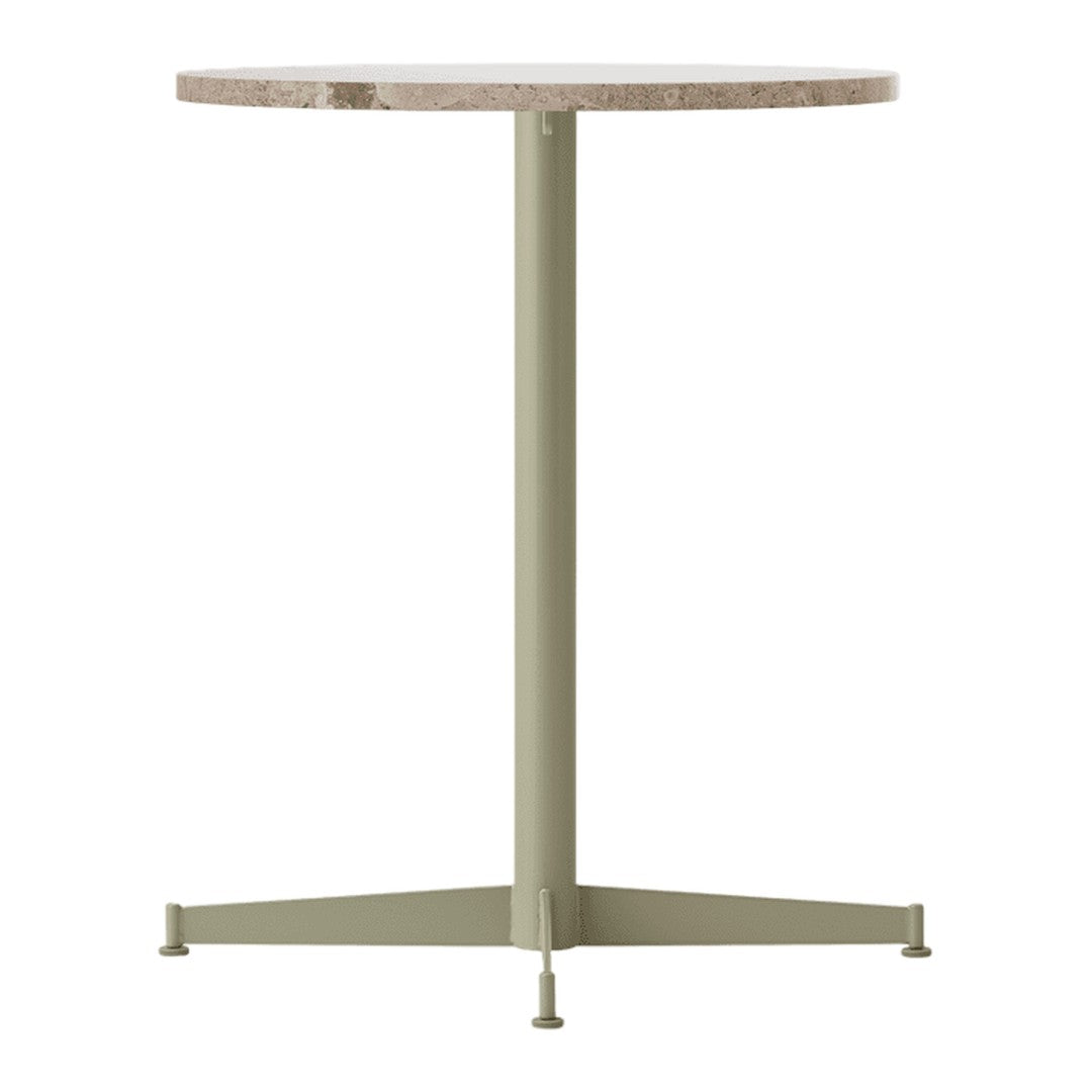 Round table with a speckled beige top and a matte olive green base, showcasing a modern minimalist design.