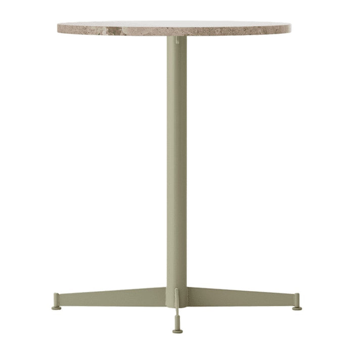 Round table with a speckled beige top and a matte olive green base, showcasing a modern minimalist design.