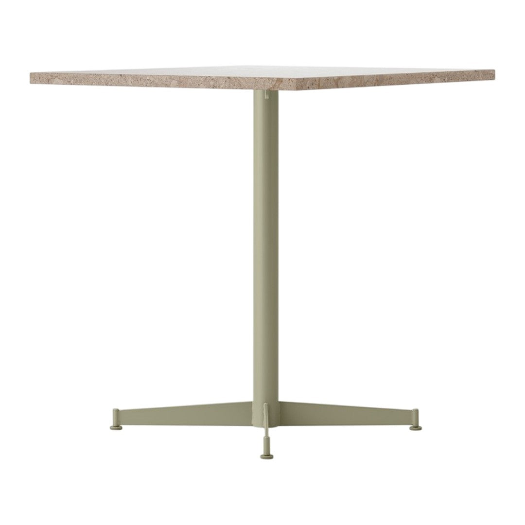 Square dining table with a light brown tabletop and a muted green metal base, featuring a minimalist design.