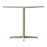 Square dining table with a light brown tabletop and a muted green metal base, featuring a minimalist design.