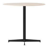 Round wooden tabletop in light beige with a sleek black metal base. Modern and minimalistic design.