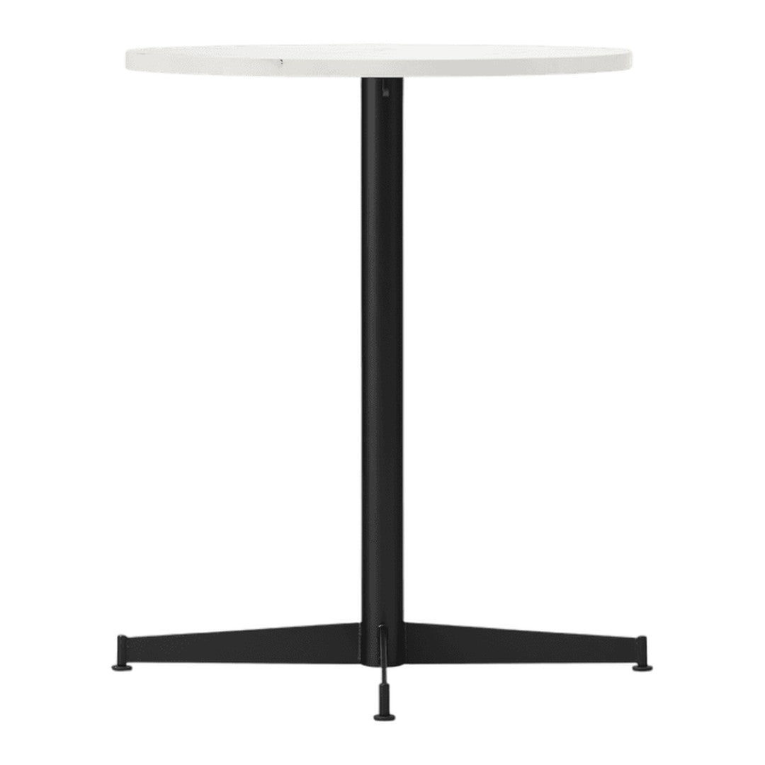 White round tabletop with a sleek black metal base, featuring a minimalist design and strong triangular support.