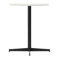 White round tabletop with a sleek black metal base, featuring a minimalist design and strong triangular support.