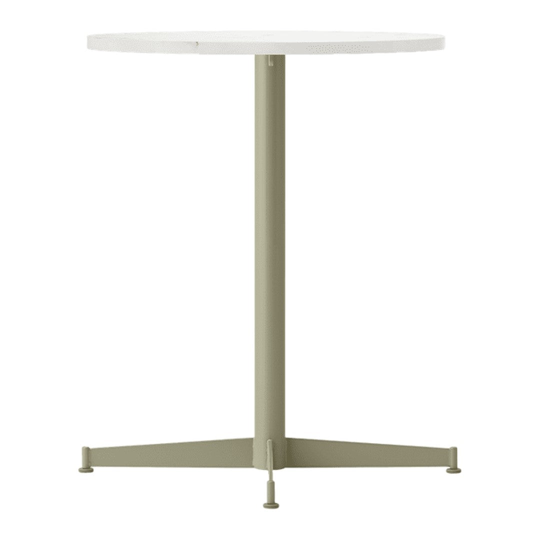 Round tabletop in white with a minimalistic green base, featuring a simple and modern design.
