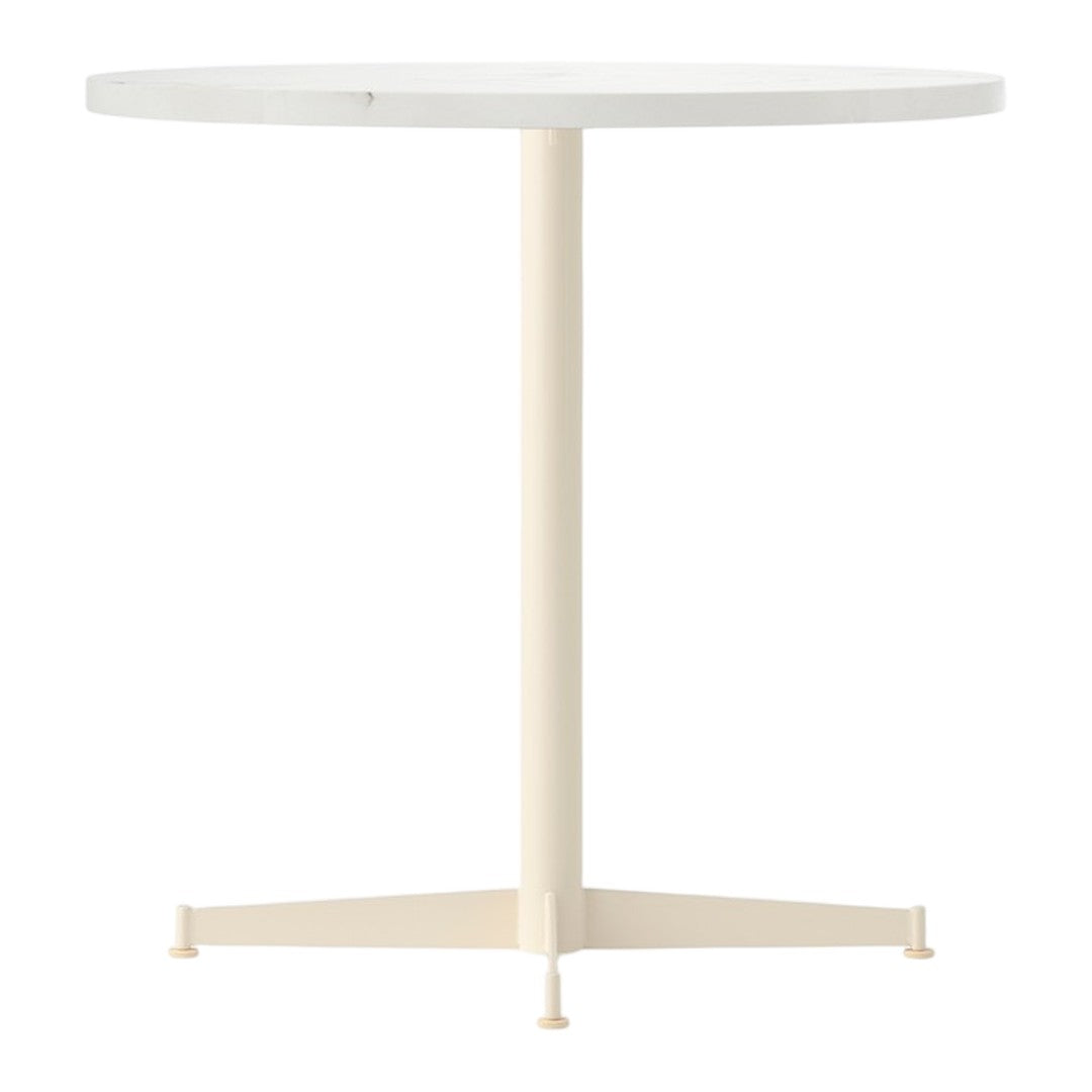 Round table in white with a smooth surface and a minimalist beige base design. Perfect for modern interiors.