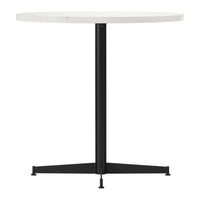 Round white tabletop with a sleek black metal base, perfect for modern decor. Minimalist design and color contrast.