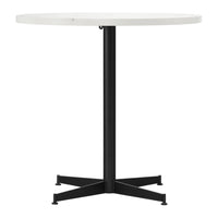 Round white tabletop with a sleek black metal base, featuring a minimalist design. Perfect for modern decor.