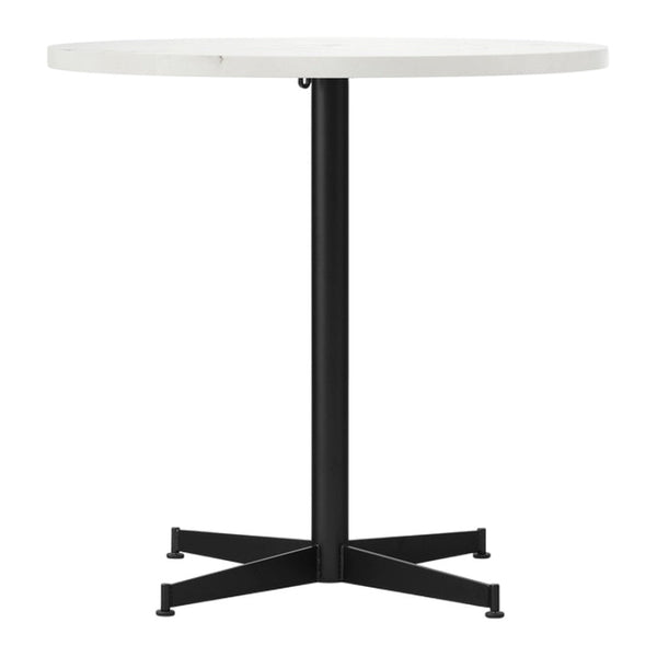 Round white tabletop with a sleek black metal base, featuring a minimalist design. Perfect for modern decor.