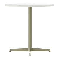 Round white table with a sleek pale green base. Minimalist design suitable for modern interiors.