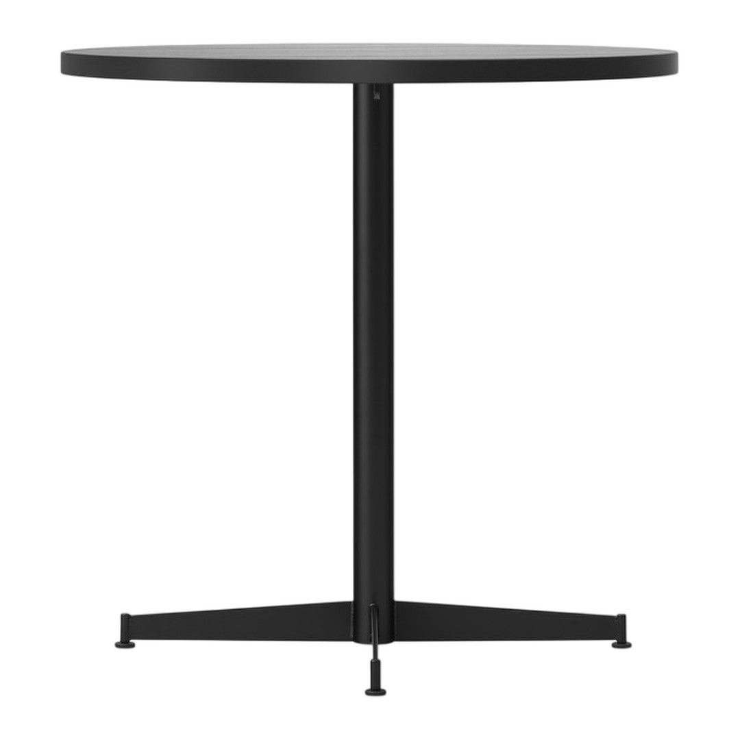 Round black table with a sleek, minimalist design and a sturdy tripod base for modern decor.