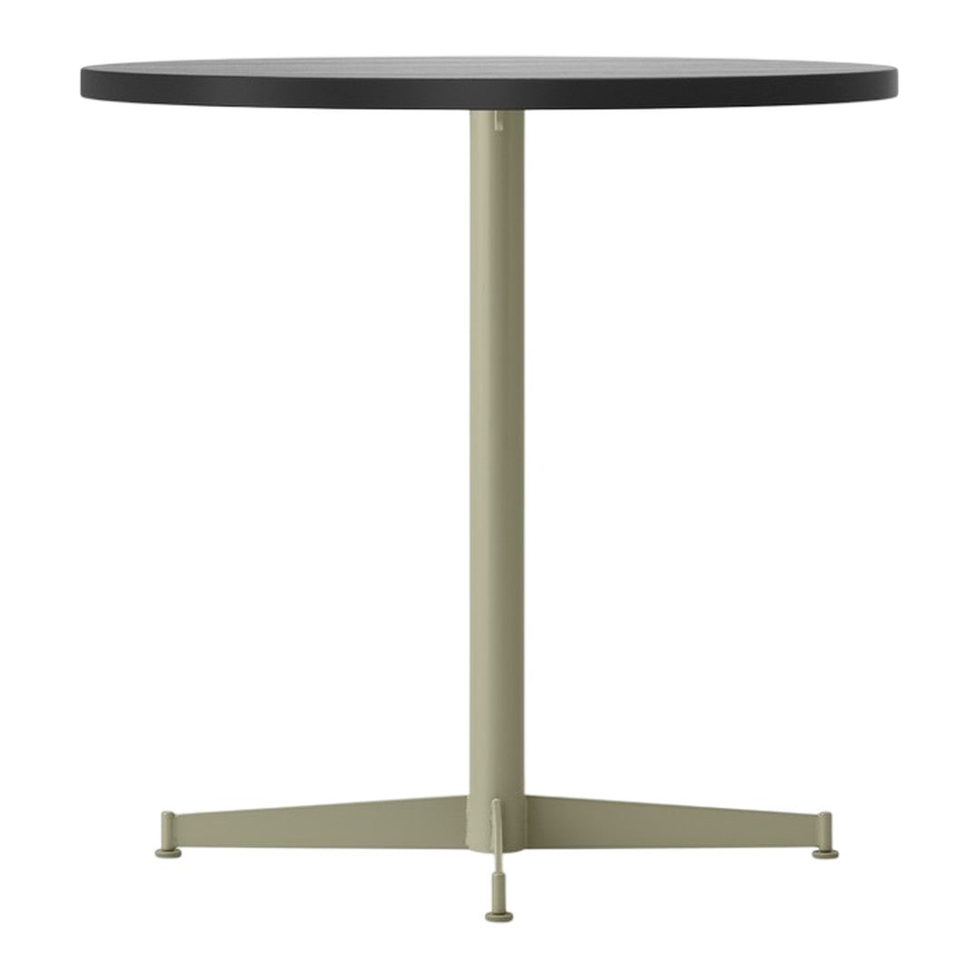 Round table with a black top and olive green base, featuring a sleek, minimalistic design.