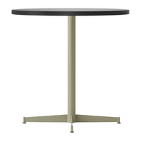 Round table with a black top and olive green base, featuring a sleek, minimalistic design.