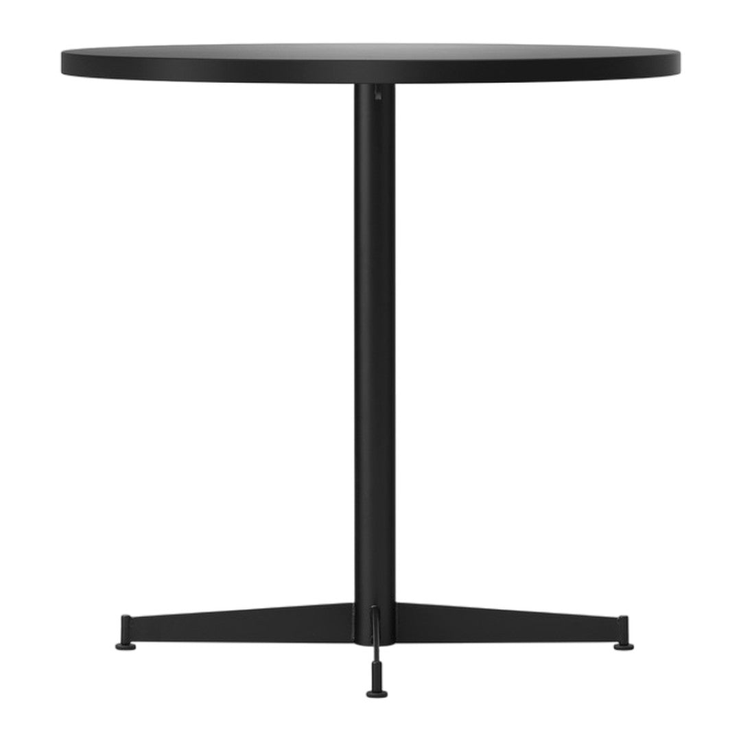 Black round table with a sleek, minimalist design and sturdy three-legged base. Perfect for modern decor.