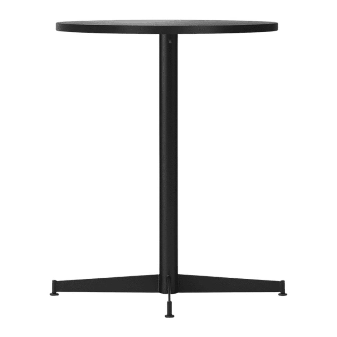 Black round table with a sleek design and simple geometric patterns, perfect for modern decor.