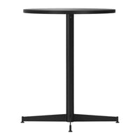 Black round table with a sleek design and simple geometric patterns, perfect for modern decor.