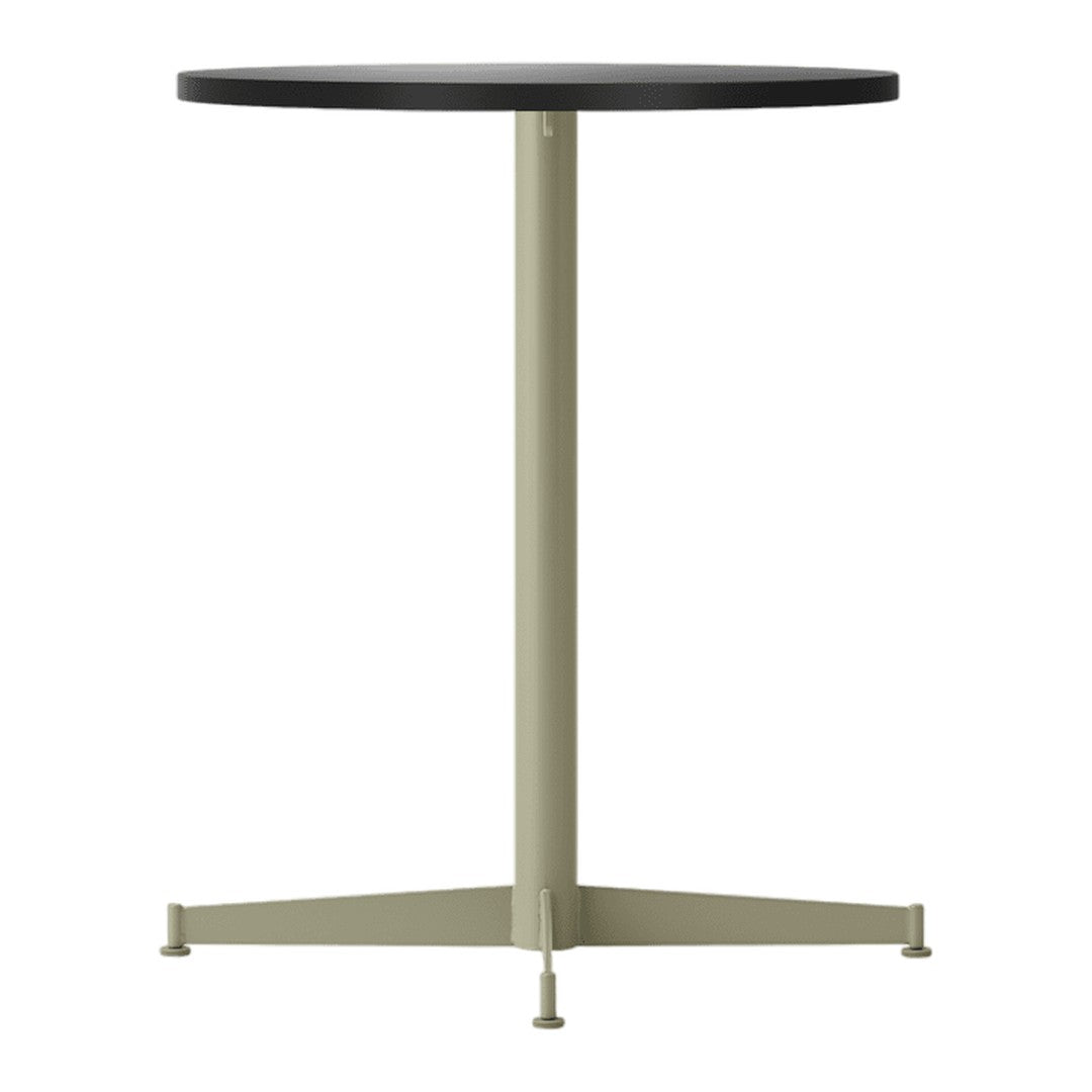 Round table with a black top and an olive green base, featuring a minimalist design. Perfect for contemporary spaces.
