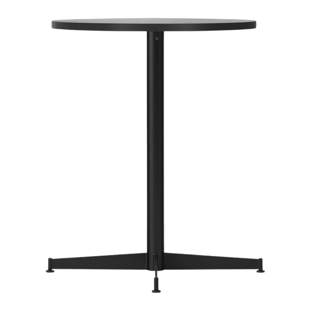 Round black table with a sleek, minimalist design and a sturdy three-legged base. Perfect for modern decor.