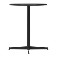 Round black table with a sleek, minimalist design and a sturdy three-legged base. Perfect for modern decor.