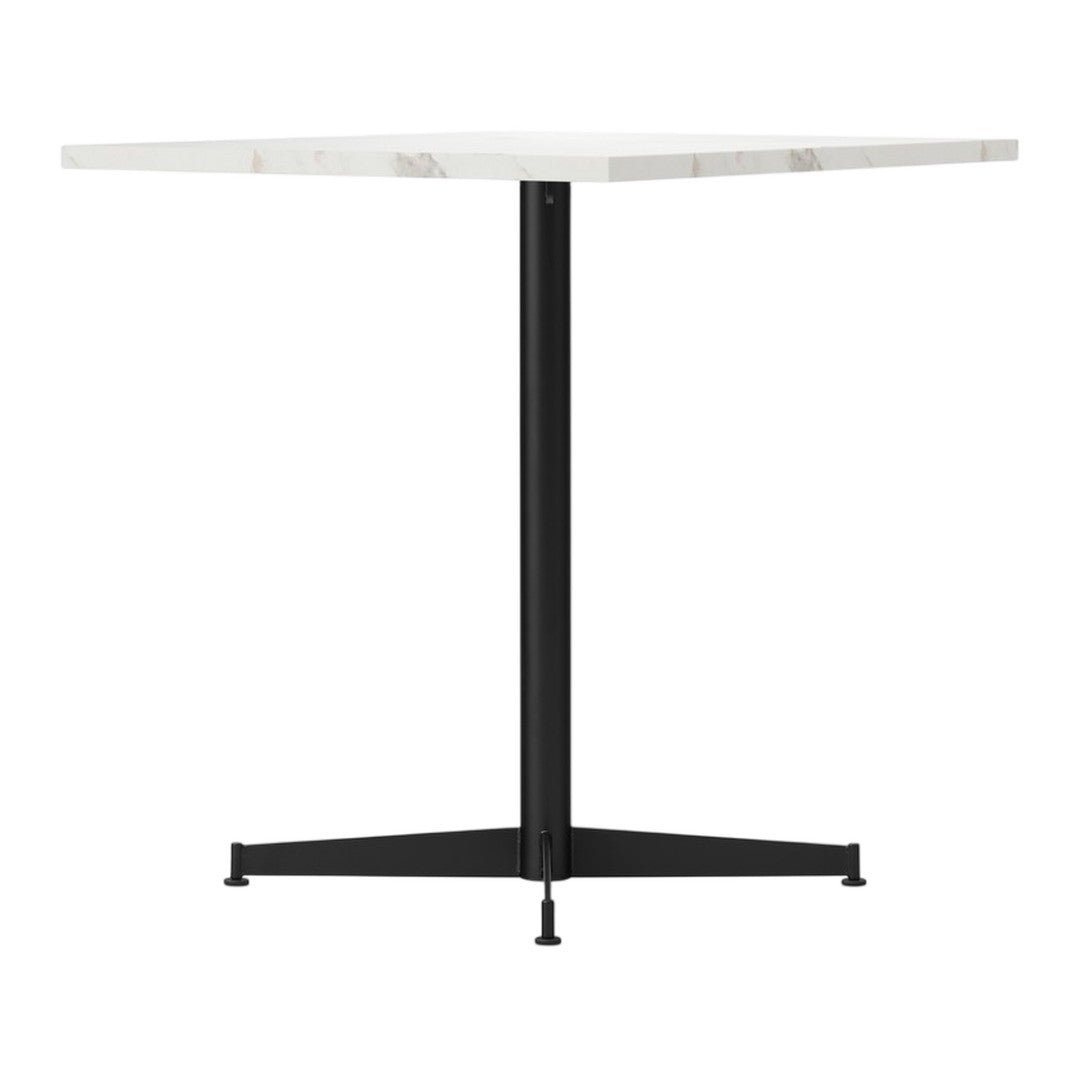 Square white marble top table with gray veins and a sleek black metal base. Modern design with minimalist style.