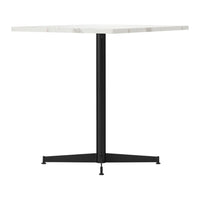 Square white marble top table with gray veins and a sleek black metal base. Modern design with minimalist style.