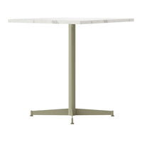 Square marble tabletop with subtle gray veining and muted olive green metal base. Minimalist and modern design.
