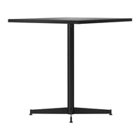 "Square black table with a minimalist design and smooth surface, featuring a sturdy black metal base."