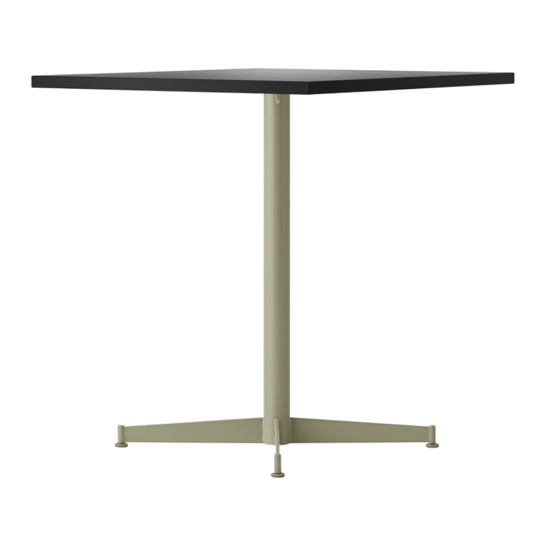 Black square tabletop with a sleek beige metal base. Modern, minimalist design perfect for various decor styles.