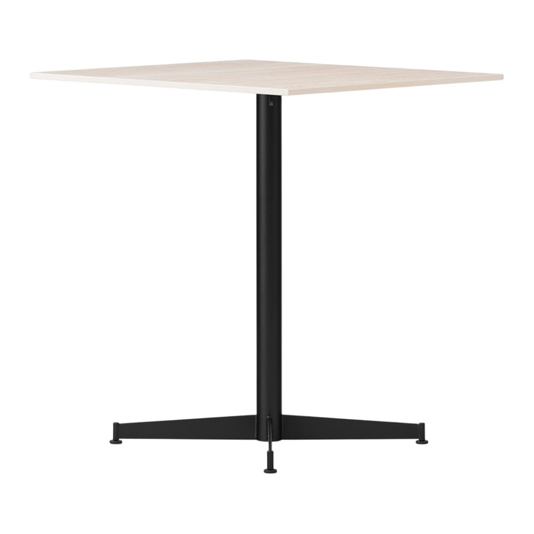 Neutral square table with a light wood top and a sleek black metal base. Modern and minimalistic design.