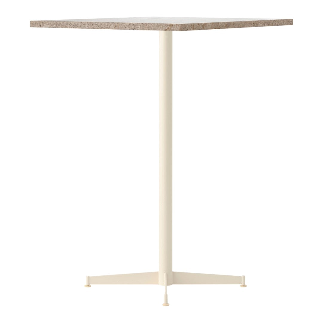 "Square table with a light wood grain top and creamy beige base, featuring a minimalist design."