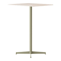 Square table with a beige top and a light olive green metal base. Minimalist design with a subtle color palette.