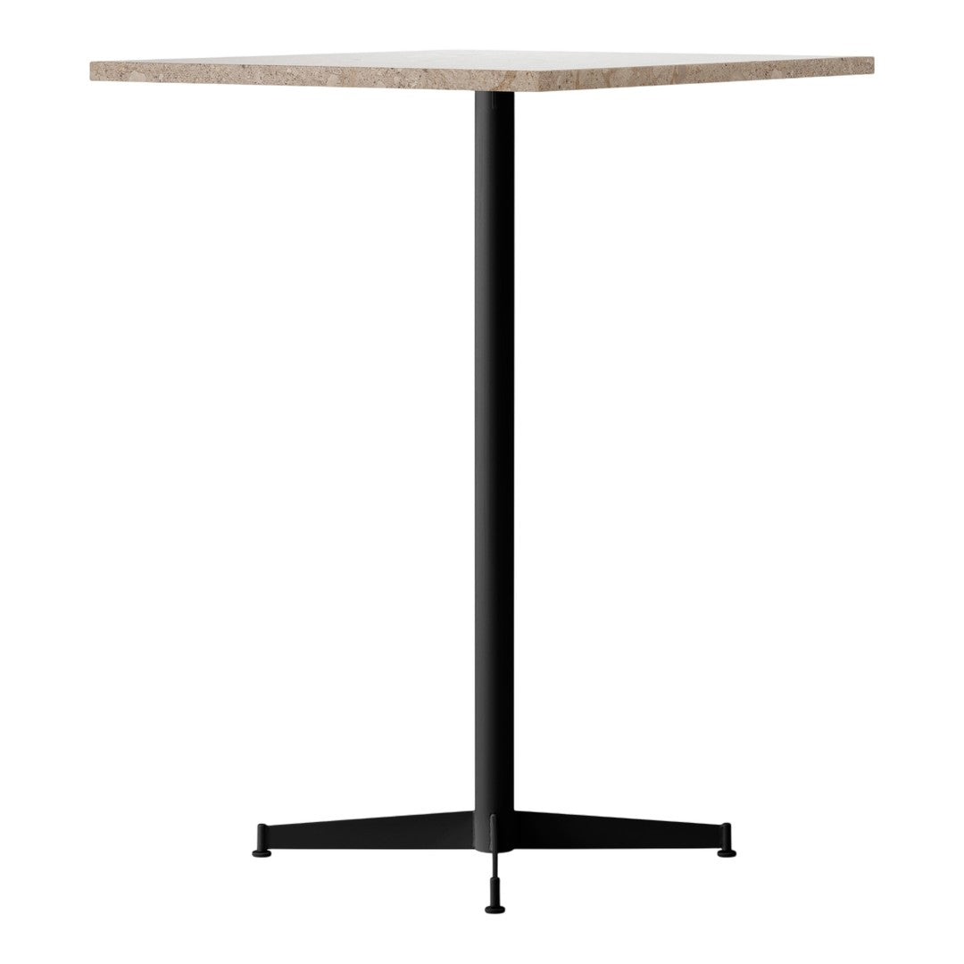 Square tabletop in light wood pattern with a sleek black metal base. Modern design for any decor style.