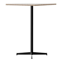 Square tabletop in light wood pattern with a sleek black metal base. Modern design for any decor style.