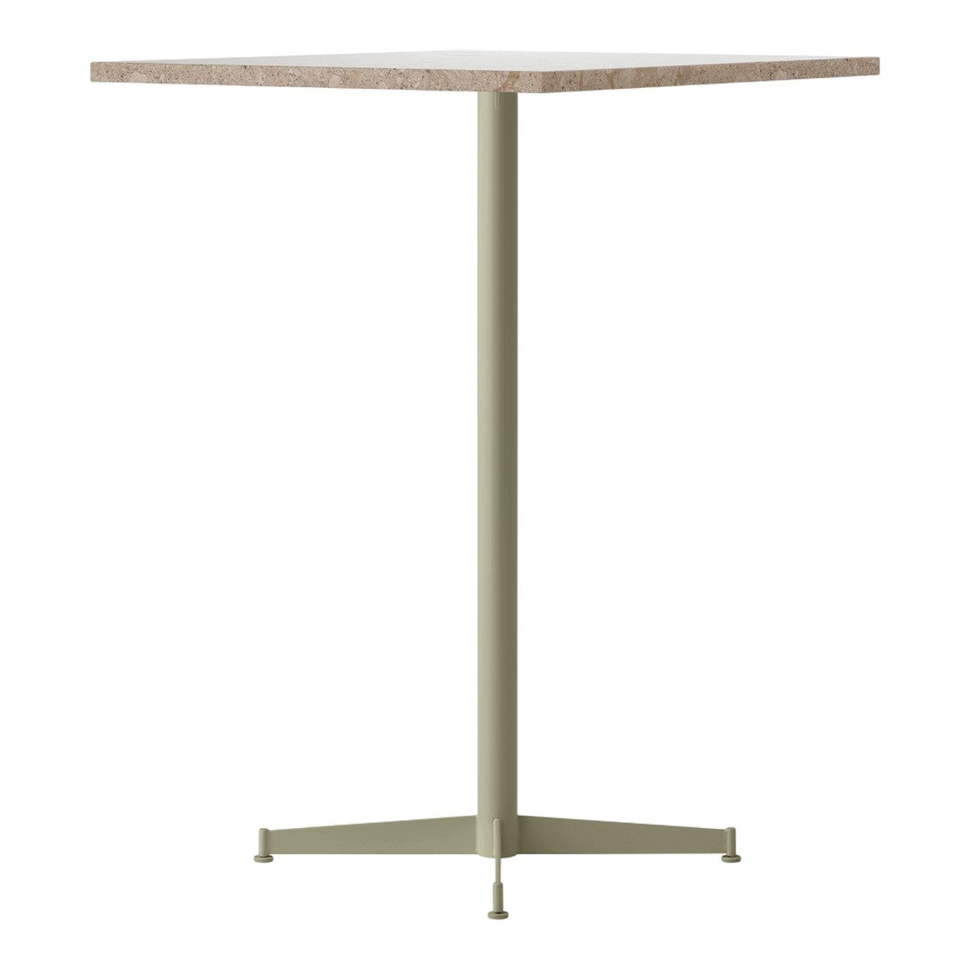Square dining table with a light wood top and a muted olive green metal base, minimalist design.
